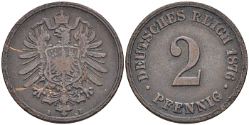 Германия 2 пфеннига 1876 B, старогербовка KM 2, Jager 2, Weege 3 медь 75-1463
