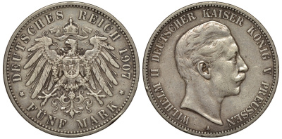 Пруссия 5 марок 1907 Вильгельм II (1888-1918) KM 523, J. 104 серебро 603-1245