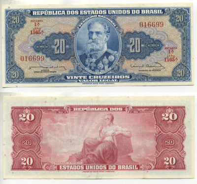 БРАЗИЛИЯ 20 КРУЗЕЙРО 1963 ПОДПИСЬ 12 Pick 168b бумага 00-00