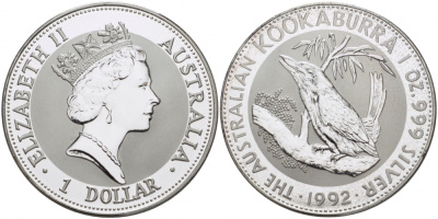 Австралия 1 доллар 1992 кукабара на ветке KM 164 серебро PROOF 05-098-23