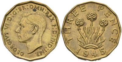 Великобритания 3 пенса 1945 Георг VI (1936-1952) KM 849, Spink 4112 никель латунь 4126-331