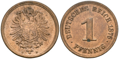 Германия 1 пфенниг 1876 D, Вильгельм I (1871-1888) KM 1, J. 1 медь aUNC 1525-142