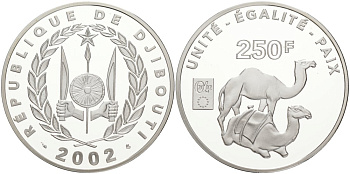 Джибути 250 франков 2002 верблюды KM 41 серебро PROOF 01-080-34