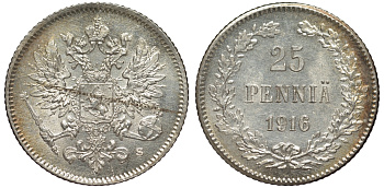 Россия для Финляндии 25 пенни 1916 S, Николай II (1894-1917) KM 6.2, Биткин 421 серебро 75-1312