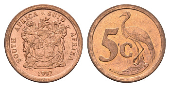 ЮАР 5 центов 1992 герб, райский журавль KM 134 сталь плакированная медью UNC 4687-155