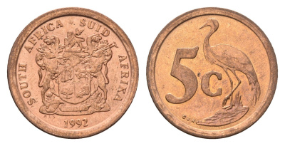 ЮАР 5 центов 1992 герб, райский журавль KM 134 сталь плакированная медью UNC 4687-155
