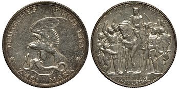 Пруссия 2 марки 1913 A, Вильгельм II (1888-1918), 100 лет победы над Наполеоном J.109, Weege 109, KM 532 серебро 3711-943