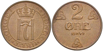 НОРВЕГИЯ 2 ЭРЕ 1940 ХОКОН VII (1905-1957) KM 371 бронза 119-927