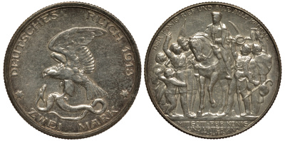 Пруссия 2 марки 1913 A, Вильгельм II (1888-1918), 100 лет победы над Наполеоном J.109, Weege 109, KM 532 серебро 3711-943