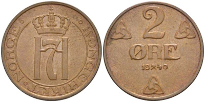 НОРВЕГИЯ 2 ЭРЕ 1940 ХОКОН VII (1905-1957) KM 371 бронза 119-927