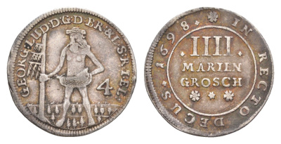 Брауншвейг-Каленберг-Ганновер 4 мариенгроша 1698 дикарь, Георг I (1698-1727), из коллекции Ричарда Б. Смита Welter 2190 серебро 1525-531