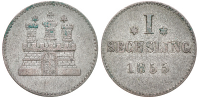 Гамбург 1 сехслинг 1855 KM 585, Jaeger 50 b, AKS 29 серебро 1531-1045