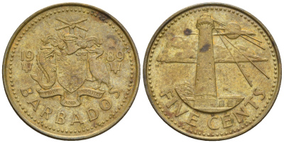 Барбадос 5 центов 1989 маяк Саут-Пойнт KM 11 латунь 87-121
