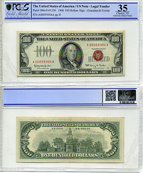 США 100 долларов 1966 UNITED STATES NOTES, красная печать, в слабе PCGS 35 Choice VF Pick 384 a бумага 00-00