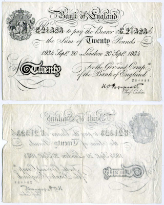 Англия 20 фунтов 1934 Лондон, 20 сентября, Операция "Бернхард", фальшивка в ущерб денежному обращению PW № RB173, Pick 337 a бумага 451-129-1