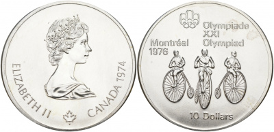 Канада 10 долларов 1974 XXI летние Олимпийские игры в Монреале 1976 года, велоспорт KM 95 серебро UNC 01-172-14