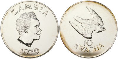 Замбия 10 квача 1979 серия защита окружающей среды, короткохвостый сокол, тираж 3250 экз. KM 19а серебро BU 11-155-33