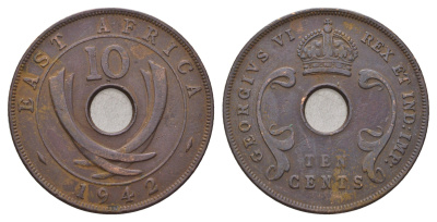 Британская Восточная Африка 10 центов 1942 Георг VI (1936-1952) KM 26.2 бронза 4526-446