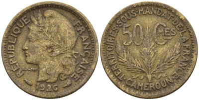 Камерун 50 сантимов 1926 (a), мондвор Париж KM 1 алюминиевая бронза 4164-1269