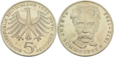 ФРГ 5 марок 1975 G, 100 лет со дня рождения Альберта Швейцара KM 143, J.418 серебро UNC 75-315