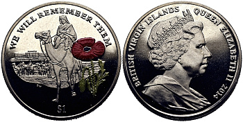 Британские Виргинские острова 1 доллар 2014 в память героев первой мировой войны, солдат верхом на верблюде, красный мак KM NEW медно-никель, эмаль  PROOF 1071-4-14