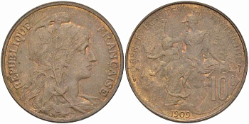 Франция 10 сантимов 1909 тип Дюпюи KM 843, LA FRANC 136.19 бронза 109-236