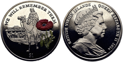Британские Виргинские острова 1 доллар 2014 в память героев первой мировой войны, солдат верхом на верблюде, красный мак KM NEW медно-никель, эмаль  PROOF 1071-4-14