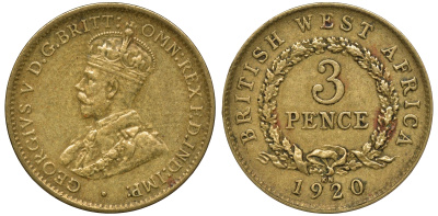 Британская Западная Африка 3 пенса 1920 Георг V (1910-1936) KM 10b олово латунь 00-00