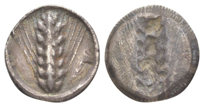 Лукания, Метапонт статер 540-510 гг. до н.э. META, колос с зернами/иннкузное изображение колоса, 7,45 гр Noe class VI серебро 00-814-05