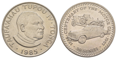 Тонга 50 сенити 1985 100 лет автоиндустрии, Роллс-Ройс KM 82 медно-никель BU 413-4644