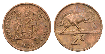 ЮАР 2 цента 1970 герб, антилопа гну KM 83 бронза 4605-414