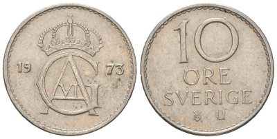 Швеция 10 эре 1973 U, Густав VI Адольф (1950-1973) KM 835 медно-никель 4618-117