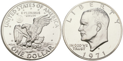 США 1 доллар 1971 S, Президент Эйзенхауэр, лунный орел KM 203a серебро  PROOF 1095-7-41