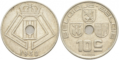 БЕЛЬГИЯ 10 САНТИМОВ 1938 BELGIQUE-BELGIE KM 112 никель латунь 68-223