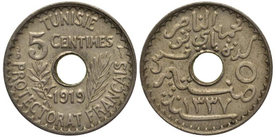 Тунис 5 сантимов 1919 A KM 242 никель латунь     4388-347