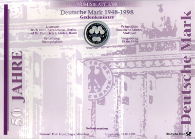 ФРГ 10 марок 1998 F, 50 лет марке ФРГ, КАРТОННЫЙ БУКЛЕТ, ОФИЦИАЛЬНЫЙ ВЫПУСК НЕМЕЦКОЙ ПОЧТЫ (DEUTSCHE POST) KM 195 серебро PROOF 4044-1211