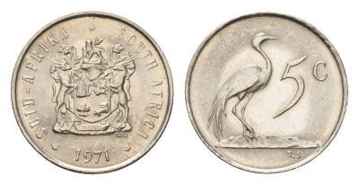ЮАР 5 центов 1971 герб, райский журавль KM 84 медно-никель UNC 4682-738