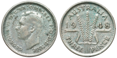 Австралия 3 пенса 1948 m, Георг VI (1937-1952), без букв KM 37a серебро 71-214