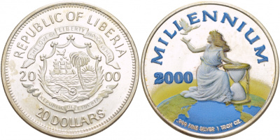 Либерия 20 долларов 2000 миллениум, цветная эмаль серебро UNC 11-085-22