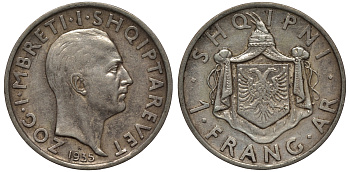 Албания 1 франга ари 1935 R, Ахмет Зогу I (1928-1939) KM 16 серебро 441-1133