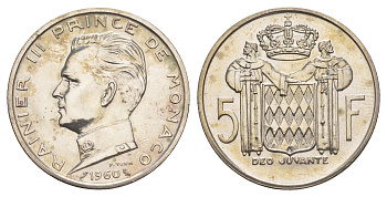 Монако 5 франков 1960 Ренье III (1949-2005) KM 141 серебро 413-2731