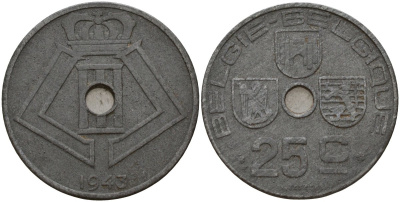 Бельгия 25 сантимов 1943 Belgie - Belgique, Леопольд III (1934-1947), германская оккупация, Вторая мировая война KM 132 цинк 4157-545