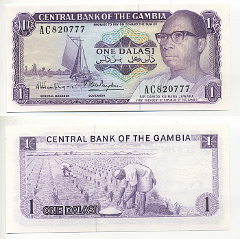 ГАМБИЯ 1 ДАЛАСИ 1971-1987 ПОДПИСЬ 8 Pick 4g бумага UNC (ПРЕСС) 6278-48-1