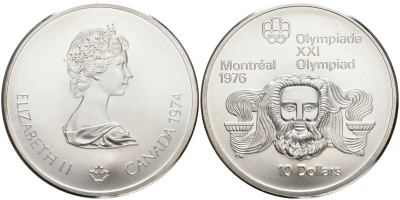 Канада 10 долларов 1974 XXI летние Олимпийские игры в Монреале 1976 года, голова Зевса KM 93 серебро UNC 1525-433