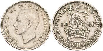 Великобритания 1 шиллинг 1948 Георг VI (1936-1952), Английский герб KM 863, Spink 4105 медно-никель 4556-612