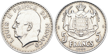 Монако 5 франков 1945 Луи II (1922-1949) KM 122  алюминий    4168-132