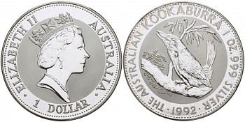 Австралия 1 доллар 1992 кукабара на ветке KM 164 серебро PROOF 05-098-24