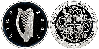 Ирландия 10 евро 2007 влияние Ирландии на европейскую культуру, символы влияния в 4-х областях культуры KM 58 серебро PROOF 4-3-4-23