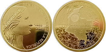 Колумбия 20000 песо 2023 100 лет основания Центрального банка, сертификат, оригинальная упаковка KM NEW латунь  PROOF  3-4-2-12