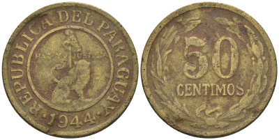 Парагвай 50 сентимо 1944 лев, фригийский колпак на шесте KM 24 алюминиевая бронза    4177-834